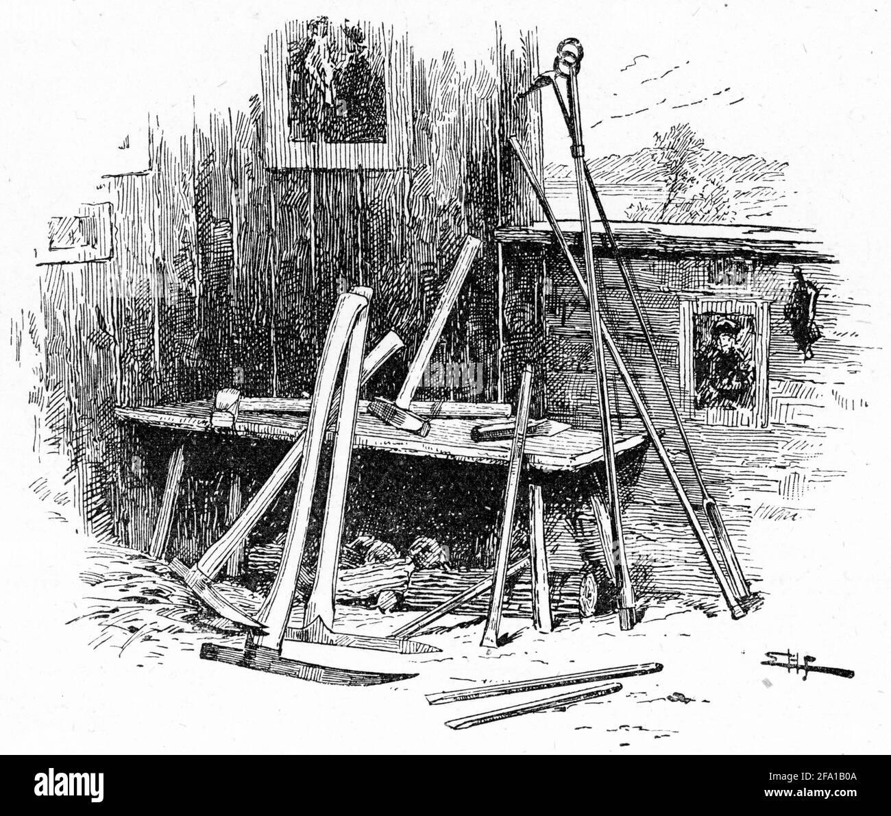 Gravure d'outils d'extraction de l'or, y compris des piqueurs, des marteaux traîneaux, des burins et des engins d'arpentage Banque D'Images