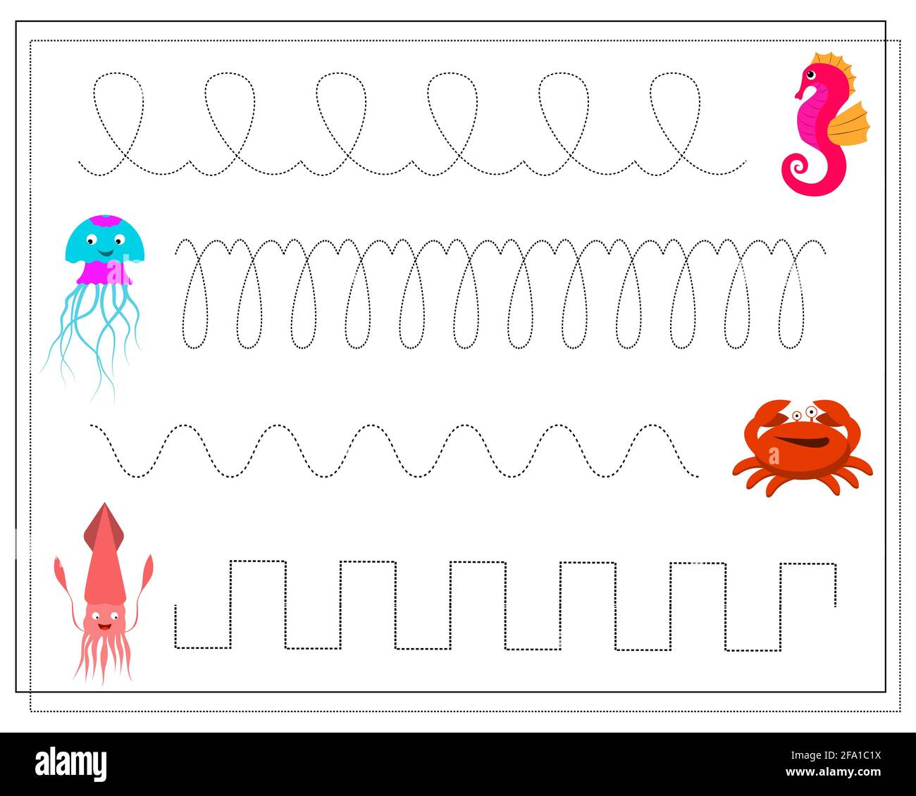 Feuille de pratique d'écriture manuscrite. Jeux éducatifs pour enfants, restauration de la ligne pointillée. animaux de mer, crabe, méduse, calmar, hippocampe. Vecteur isolé sur wh Illustration de Vecteur