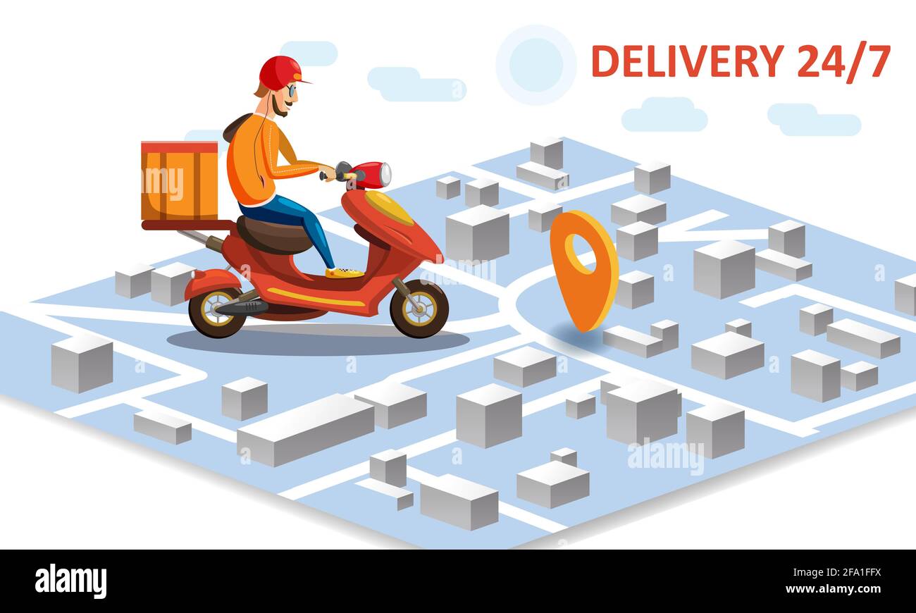 Livraison par scooter cyclomoteur sur le suivi mobile en ligne, carte isométrique. Service de commande de nourriture en ligne. Page d'accueil, modèle, interface utilisateur, Web, application mobile, affiche Illustration de Vecteur
