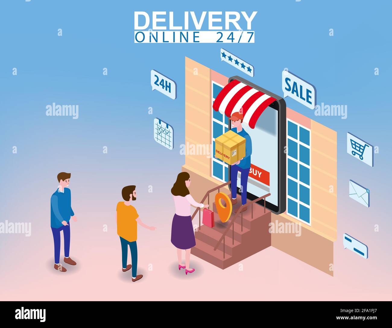 Livraison sur smartphone avec magasin en ligne, le transporteur livre la boîte parsel à l'isométrie de l'acheteur. Achat Internet et livraison en ligne Illustration de Vecteur