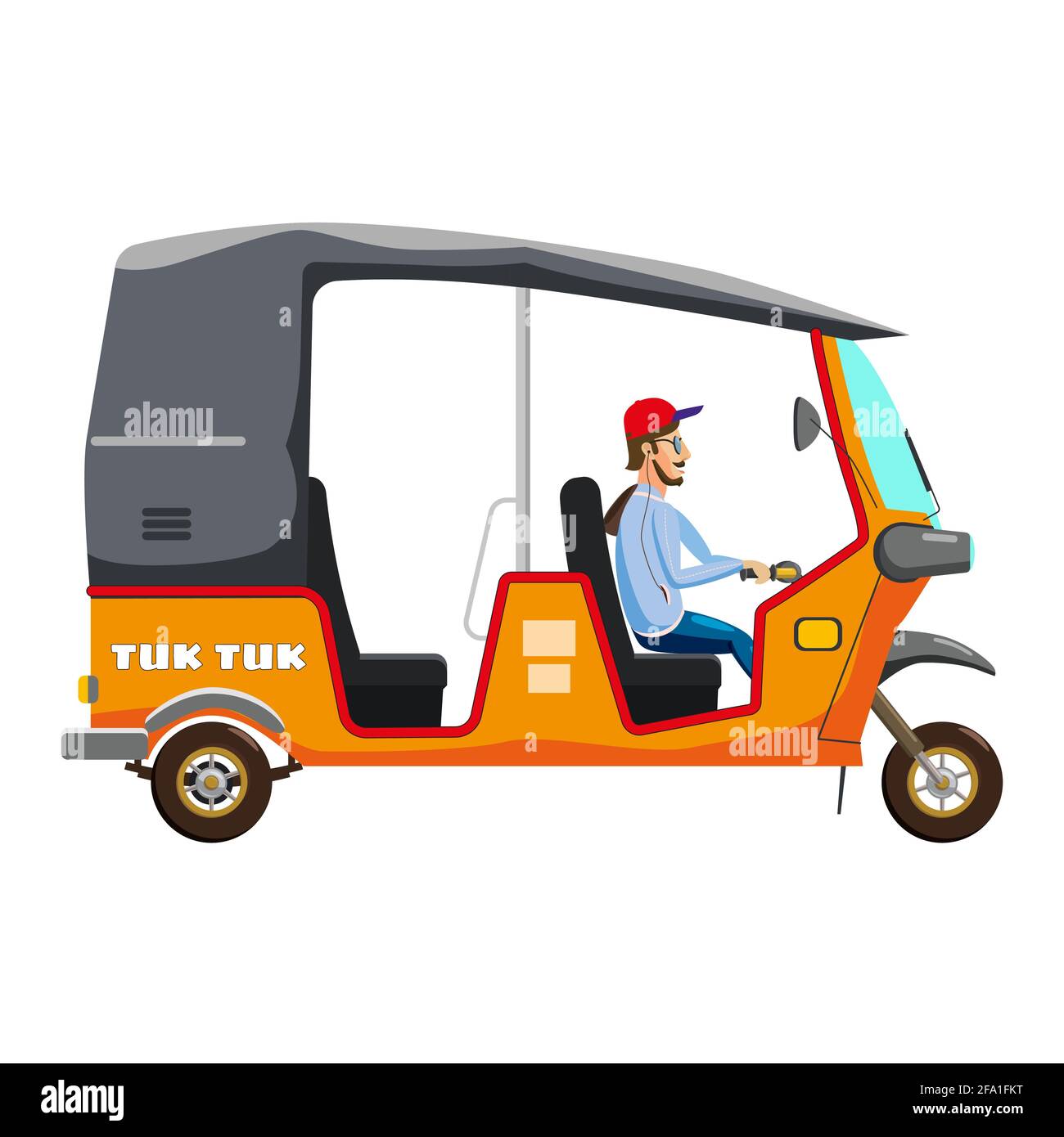 Tuk Tuk tricycle asiatique à trois roues avec chauffeur local. Thaïlande, pays indiens taxi bébé. Illustration vectorielle style de dessin animé isolé Illustration de Vecteur