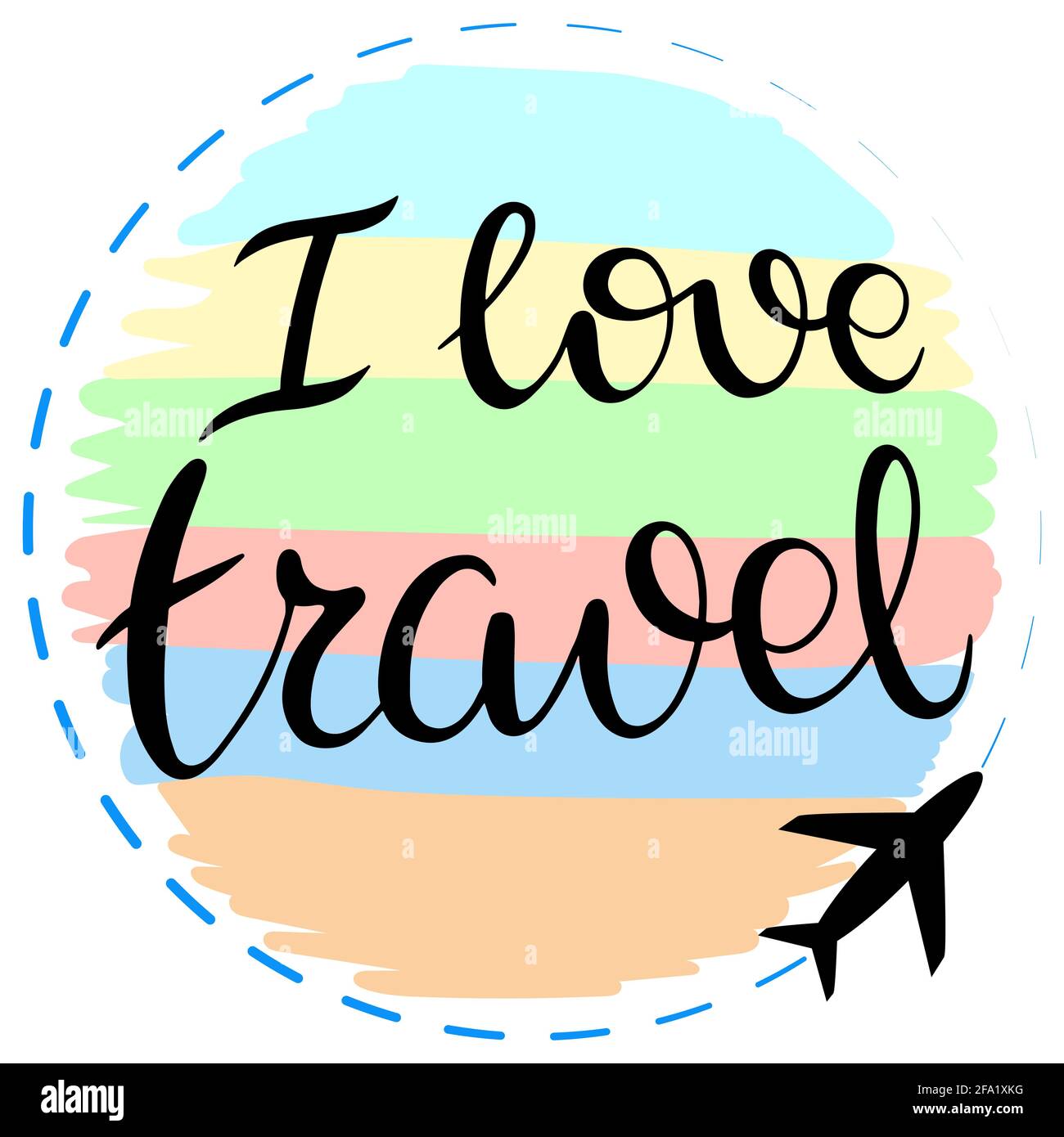 J'aime voyager, lettrage. Planète et plan. Trajectoire du mouvement. Boule multicolore. Tourisme et Voyage.Vector. Illustration de Vecteur