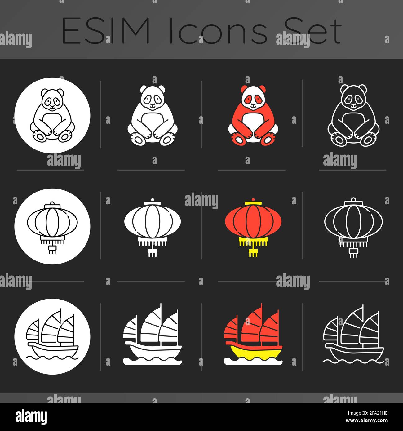 Ensemble d'icônes sur le thème sombre de l'Asie Illustration de Vecteur