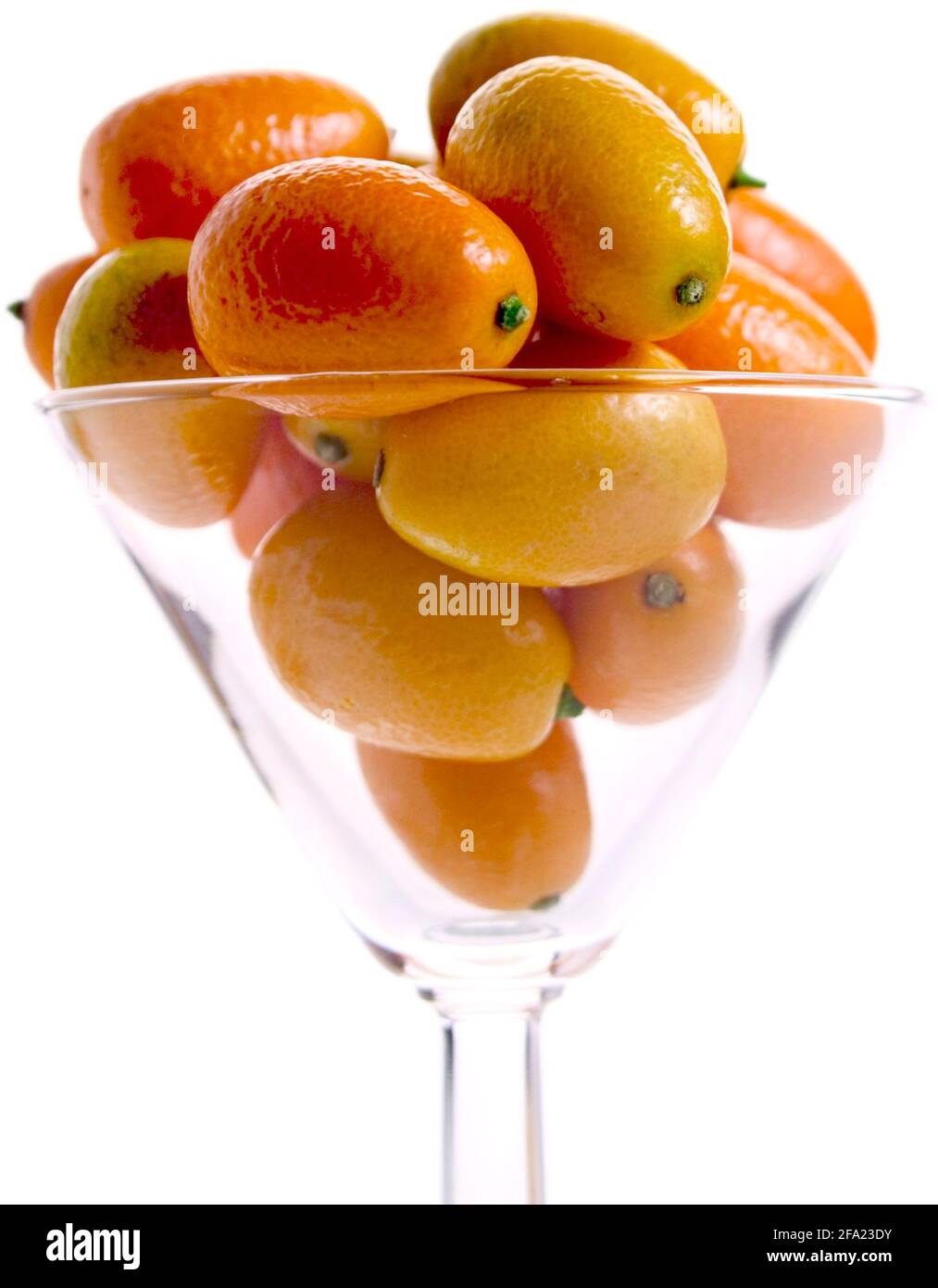 Kumquat (Fortunella margarita), quelques kumquats dans un verre à cocktail Banque D'Images