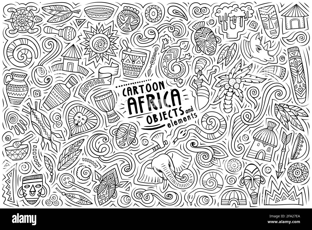 Dessin au trait vectoriel Doodle dessiné à la main ensemble de dessins animés d'objets, objets et symboles de thème d'Afrique Illustration de Vecteur