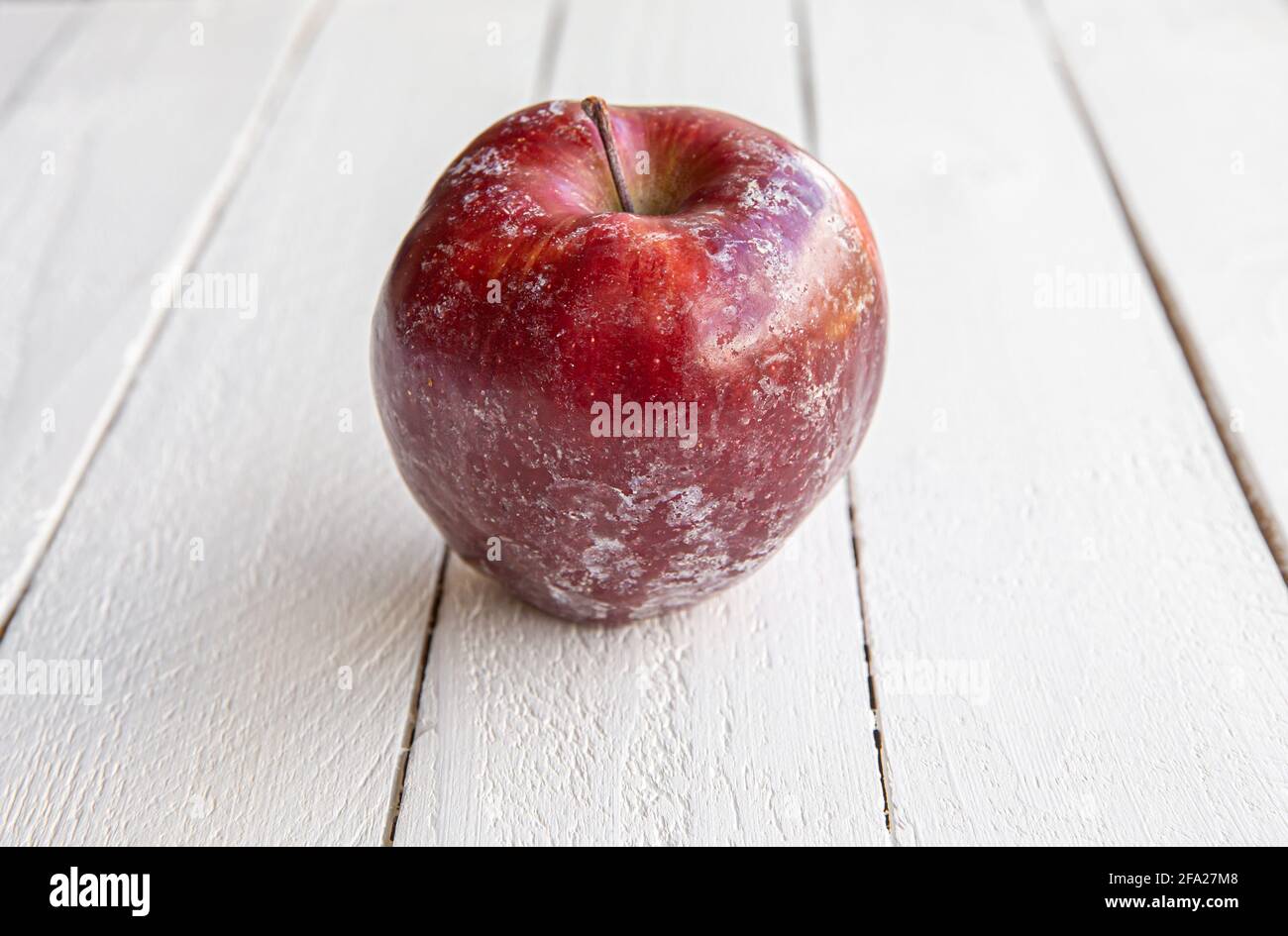 Pomme rouge avec couche blanche de cire de protection se dissolvant partiellement après avoir lavé la pomme à la maison. Avant de vendre en magasin, ils appliquent de la cire. Banque D'Images