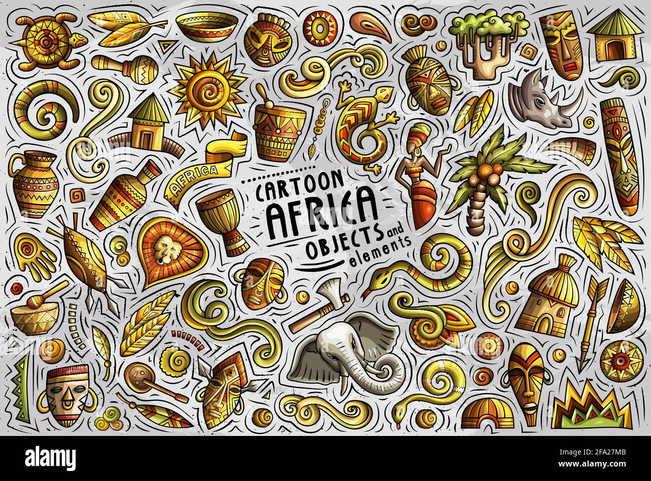 Ensemble de dessins animés à la main et à motif vectoriel coloré d'objets, d'objets et de symboles africains Illustration de Vecteur