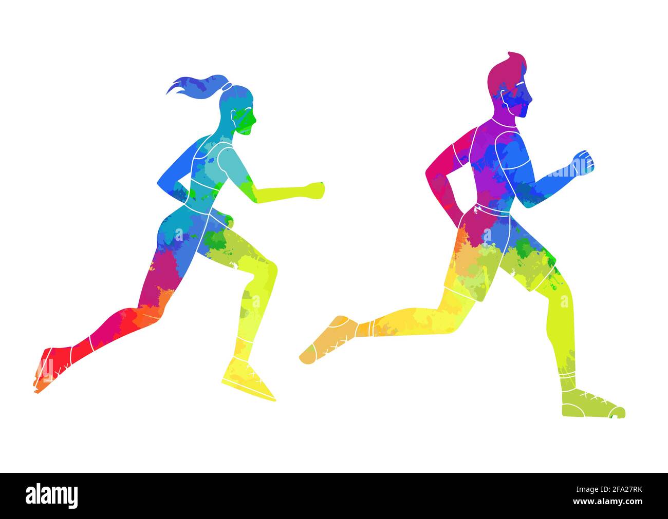 Ensemble de silhouettes aquarelle arc en ciel d homme et de femme en train de courir. Jogging. Les personnes modernes impliquees dans le sport. Icones et logos des athletes de marathon Image Vectoriel...
