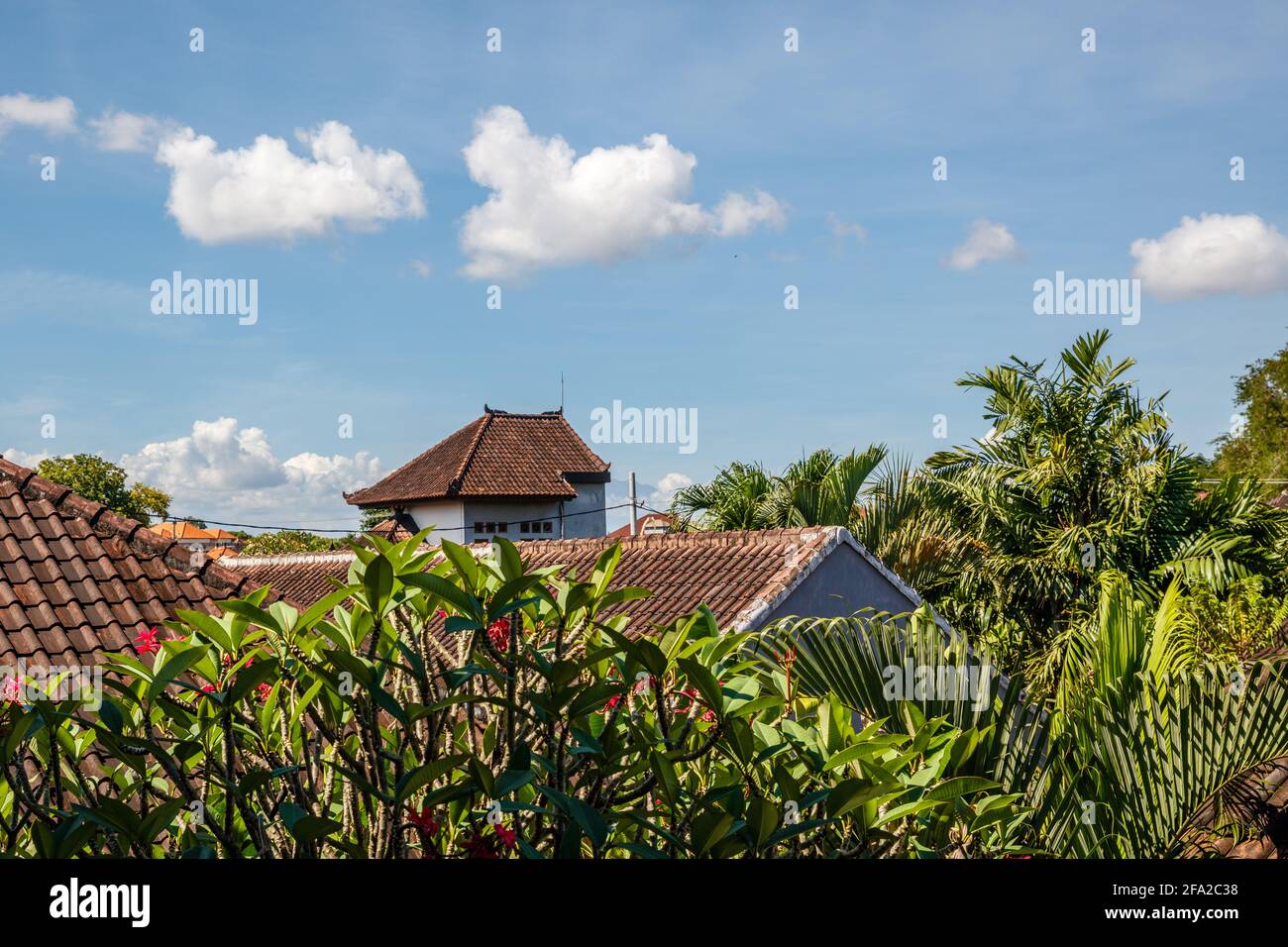 Vue sur les toits de maisons résidentielles carrelés de brun, les arbres, le ciel bleu avec des nuages blancs. Bali, Indonésie. Banque D'Images