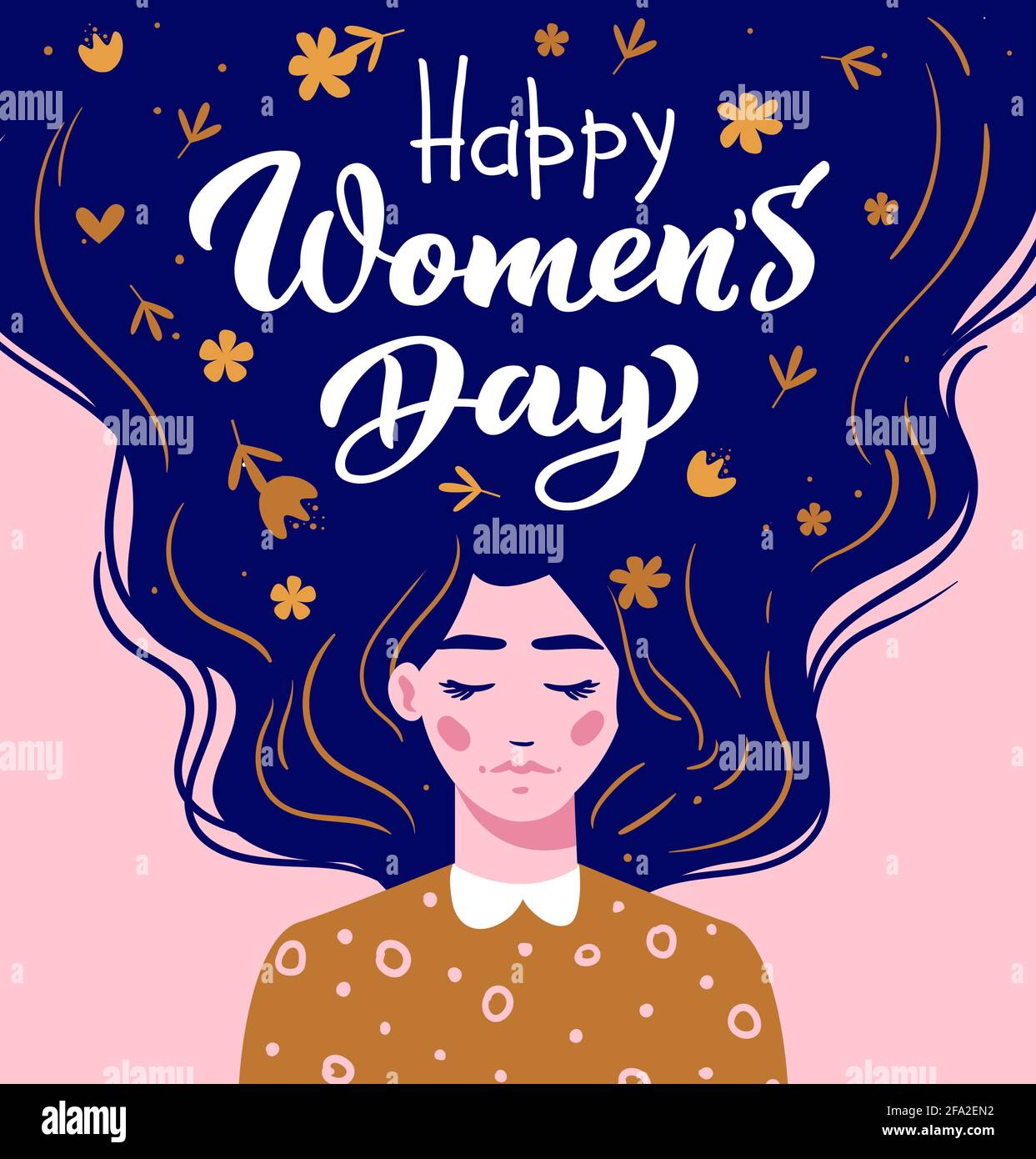 Bonne journée des femmes. Lettrage vectoriel. Fille avec cheveux longs avec texte. Main dessinés cheveux longs belle fille. Illustration vectorielle moderne. Modèle pour cartes, messages d'accueil, prospectus, bannières. Illustration de Vecteur