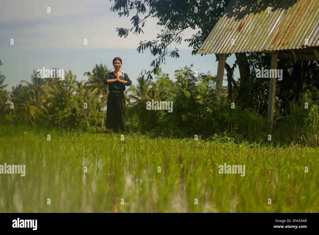 Portrait artistique de jeune femme asiatique attrayante et heureuse en plein air au champ de riz vert, danse et méditation spirituelle sur beau Banque D'Images