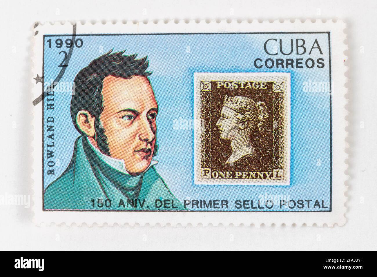 Timbre antique de 'Cuba Correos' célébrant le 150e anniversaire du premier timbre postal. Émissions 1990. Le nom de Rowland Hill apparaît dans les anciens Banque D'Images