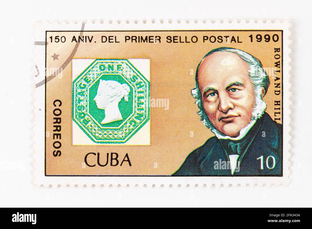 Timbre antique de 'Cuba Correos' célébrant le 150e anniversaire du premier timbre postal. Émissions 1990. Le nom de Rowland Hill apparaît dans les anciens Banque D'Images