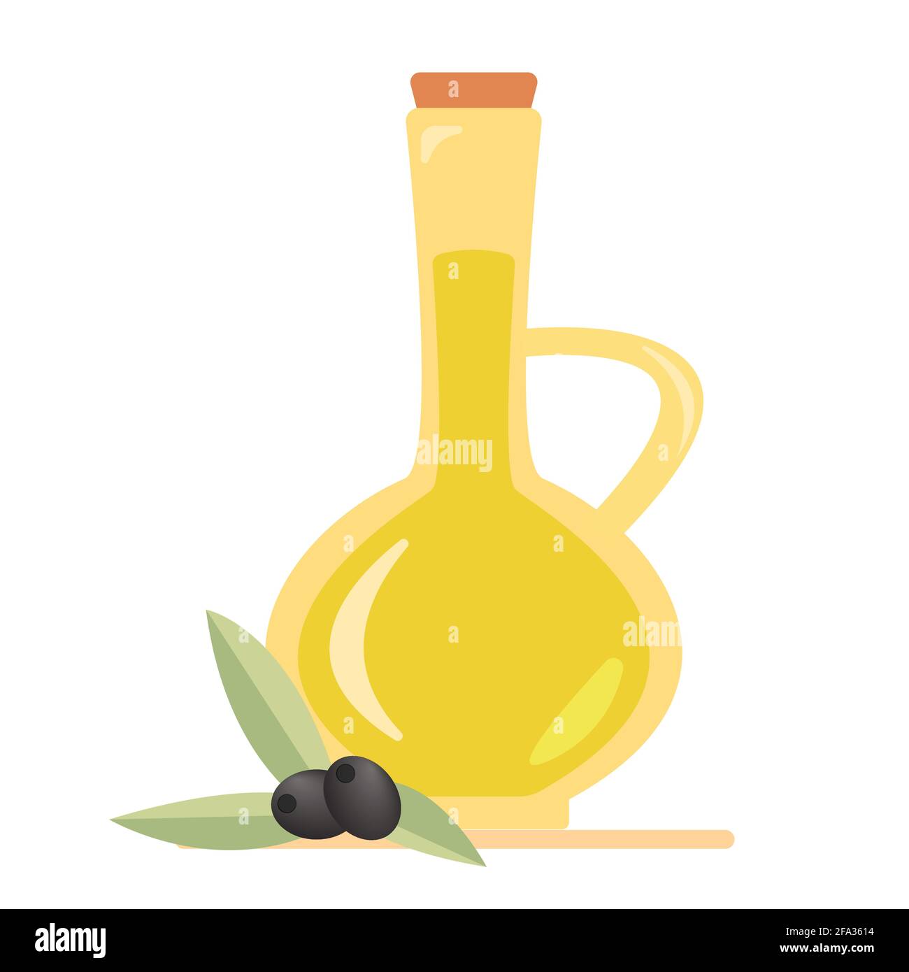 Huile d'olive dans une carafe et olives et branches d'olive. Illustration vectorielle isolée. Illustration de Vecteur