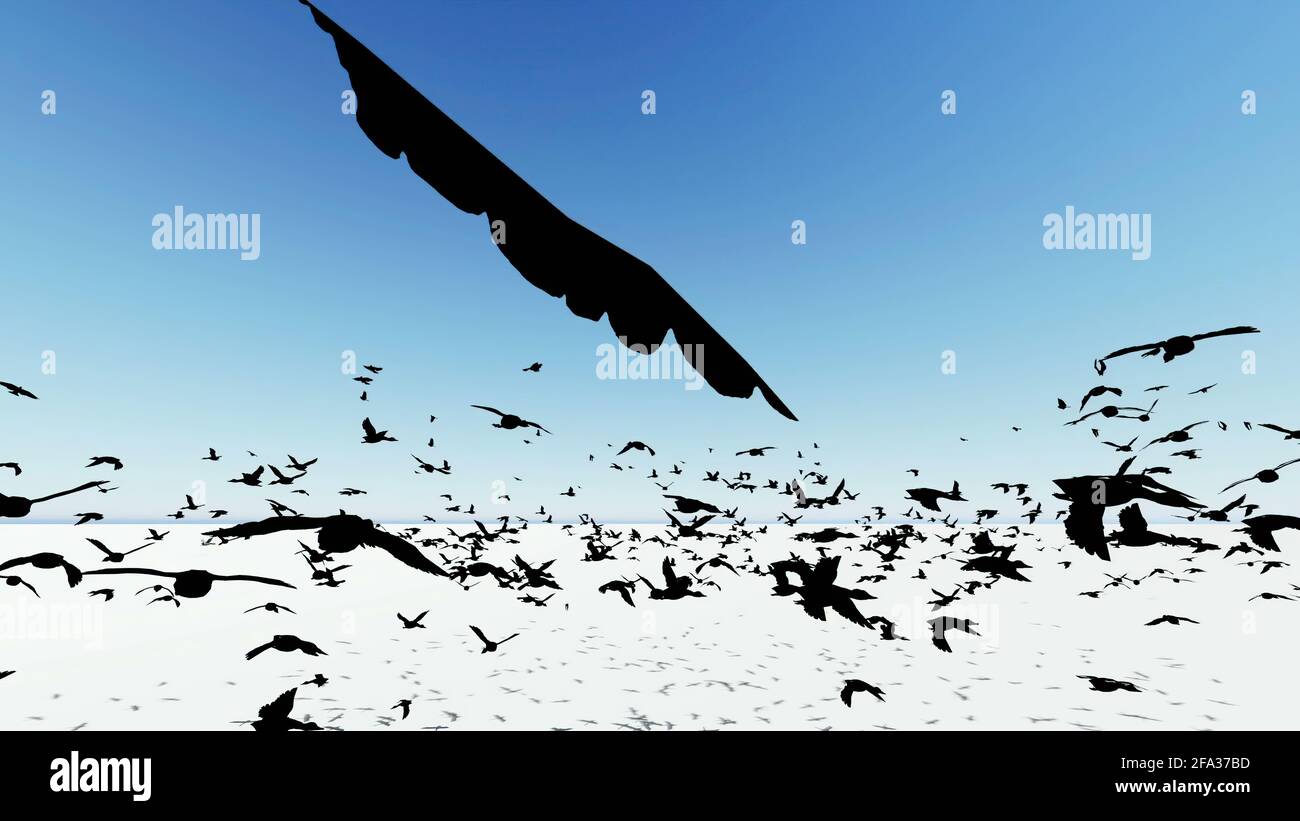Illustration 3D - Flock des oiseaux qui volent à travers l'écran. Banque D'Images