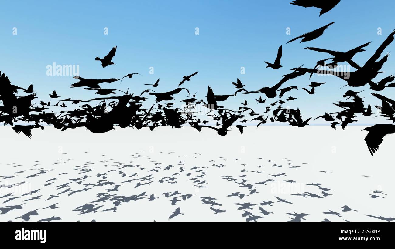 Illustration 3D - Flock des oiseaux qui volent à travers l'écran. Banque D'Images