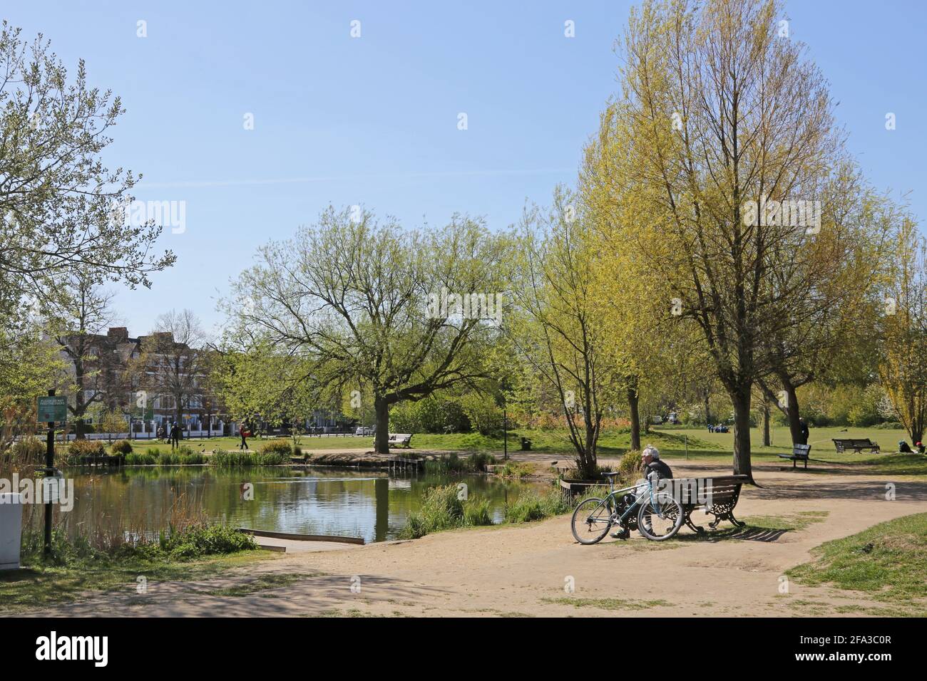 Un cycliste est assis sur un banc surplombant Eagle Pond sur Clapham Common, Londres. Soleil le jour du printemps. Banque D'Images