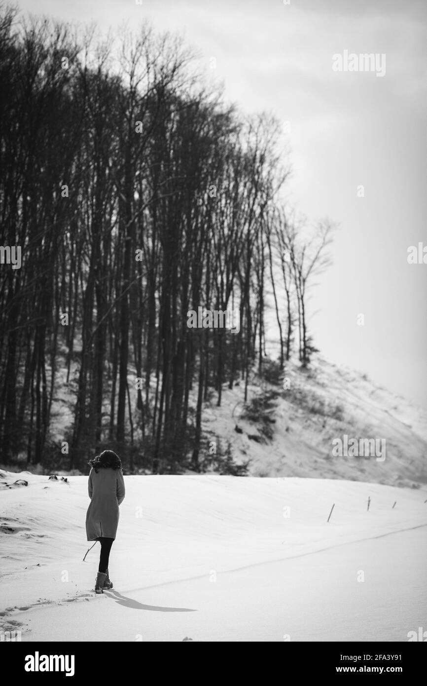 Femme solitaire portant un manteau marchant dans un parc d'hiver avec des arbres couverts de neige Banque D'Images