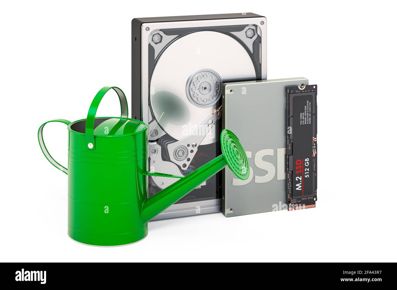 Concept d'agriculture de crypto-monnaie sur les disques durs et les périphériques SSD. Arrosoir avec disques durs, rendu 3D isolé sur fond blanc Banque D'Images