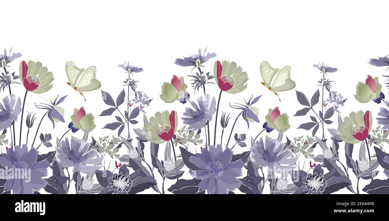 Bordure sans couture à motif fleuri vectoriel. Fleurs d'été, feuilles bleues. Illustration de Vecteur