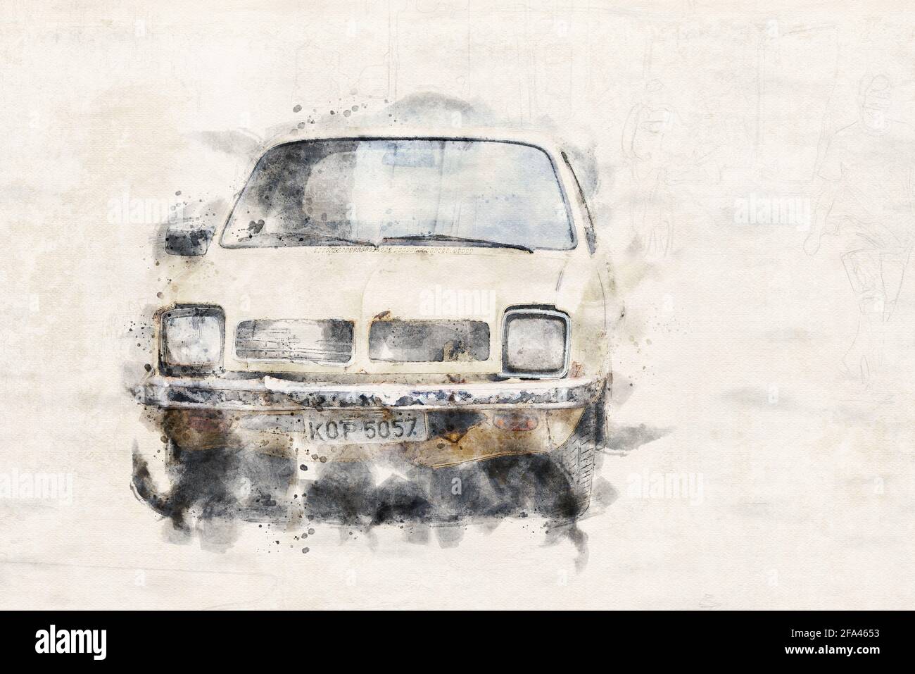 Brésil, 2020: Peinture aquarelle d'une vieille voiture. Vue avant d'une machine rouillée. Modèle de voiture à essence. Banque D'Images