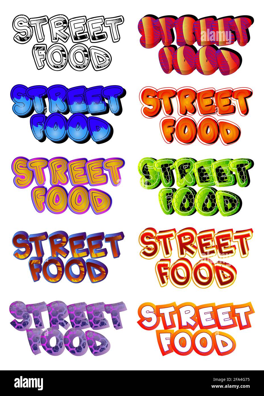 Street Food - texte de style livre comique. Cuisine de rue, mots liés à l'événement, citation, isolé sur fond blanc. Affiche, bannière, modèle. Dessin animé Illustration de Vecteur