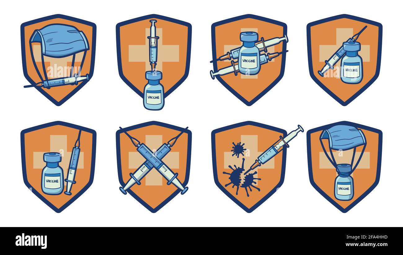 Collection de vecteurs isolés, tirés à la main, liés à la vaccination, seringues, améliorer le système immunitaire, avec un bouclier orange à l'arrière. Illustration de Vecteur