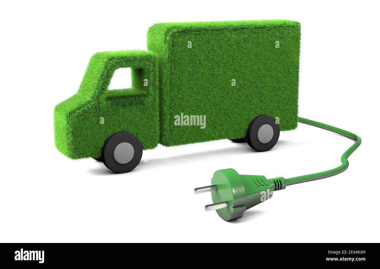 Chariot électrique. Chariot à herbe avec un fil et une fiche de la prise. Isolé sur fond blanc. rendu 3d. Banque D'Images