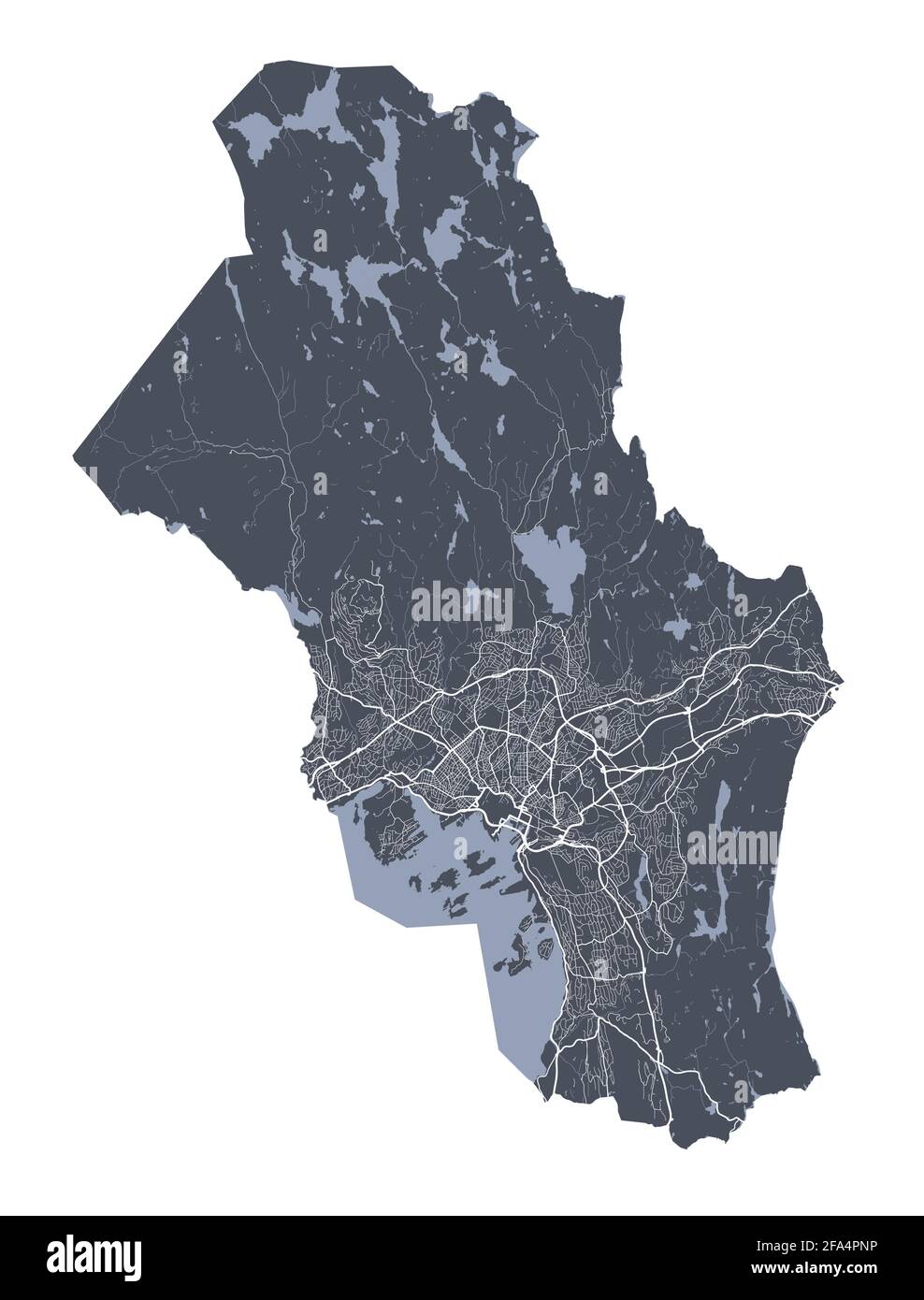 Carte du comté de la municipalité d'Oslo. Carte vectorielle détaillée de la zone administrative d'Oslo. Vue sur l'aria métropolitain avec affiche CityScape. Terre sombre avec blanc Illustration de Vecteur