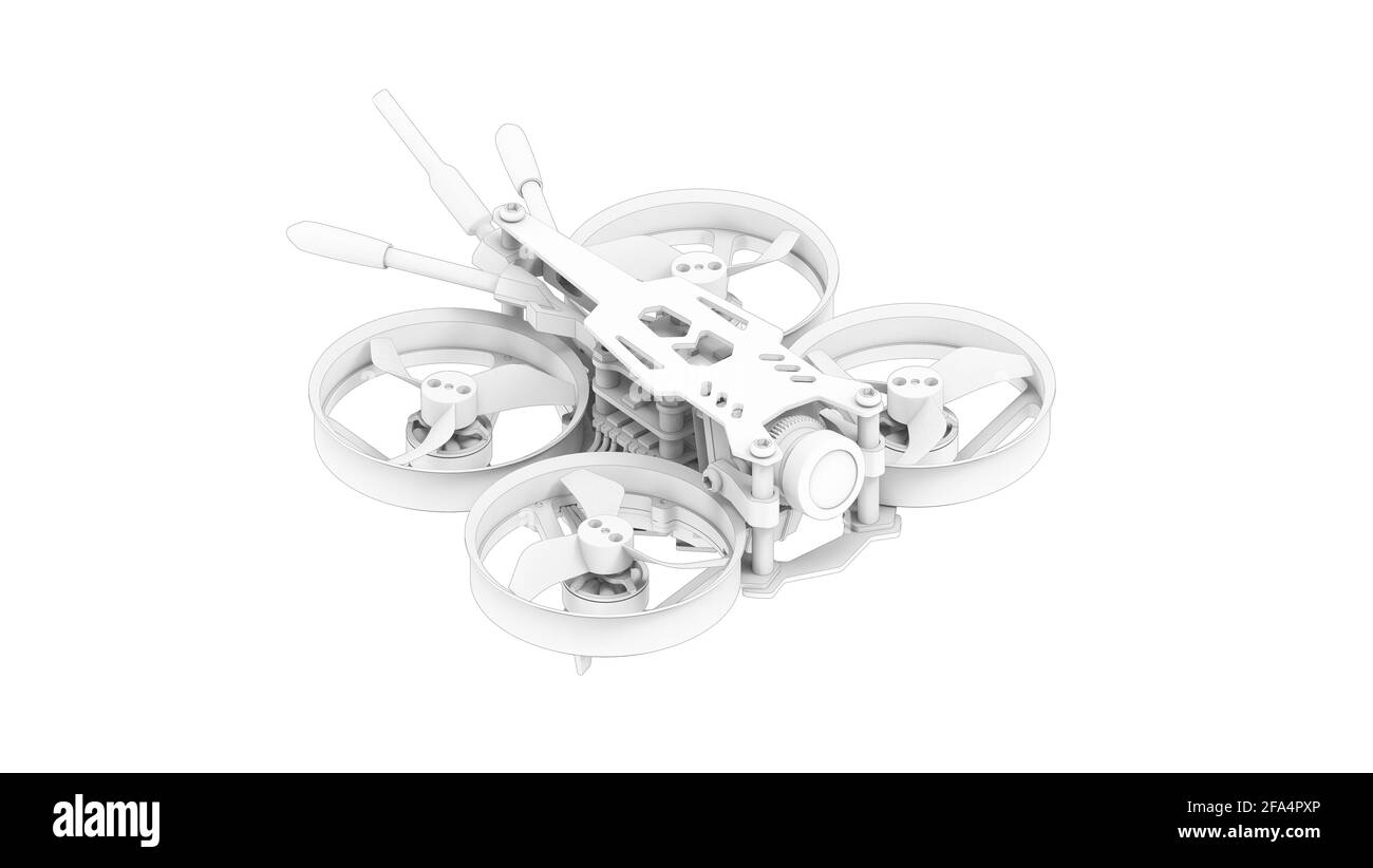 Rendu 3D d'un drone de course quad outil cinématographique modèle d'ordinateur sur fond blanc. Banque D'Images