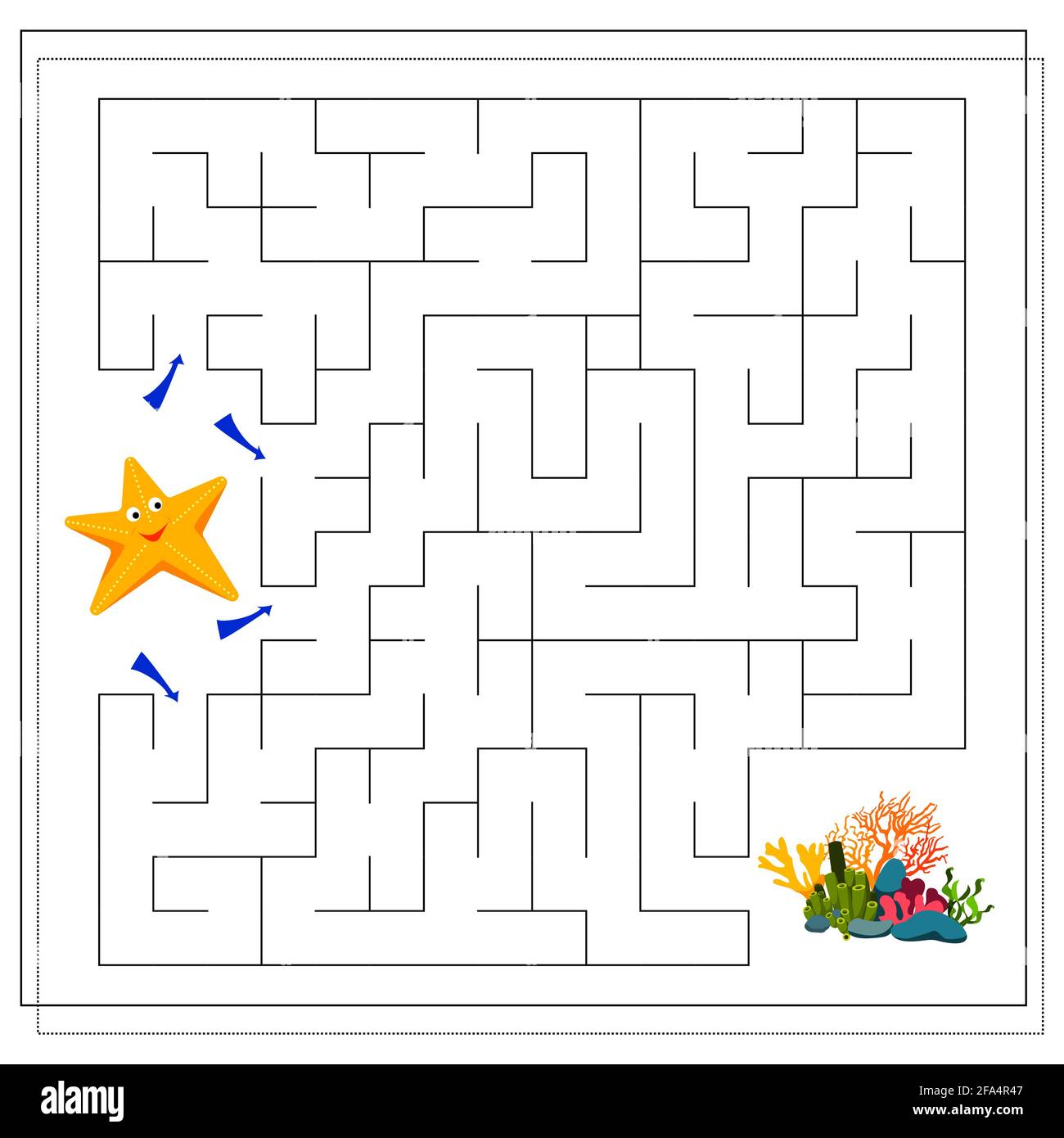 Un jeu de labyrinthe pour les enfants. Guidez les étoiles de bande dessinée à travers le labyrinthe jusqu'aux coraux. Vecteur isolé sur un backgroun blanc Illustration de Vecteur