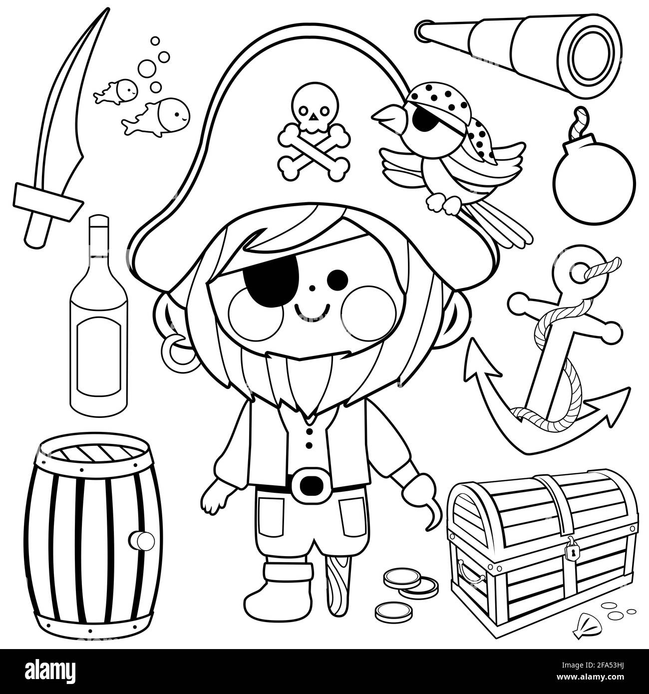Capitaine pirate avec un crochet et une jambe en bois et d'autres illustrations sur le thème des pirates. Page de livre de coloriage noir et blanc Banque D'Images