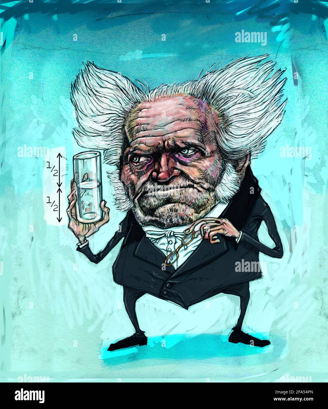 Illustration humoristique de caricature du philosophe allemand Arthur Schopenhauer, tenant un verre à moitié plein d'art concept vide pessimisme contre optimisme Banque D'Images