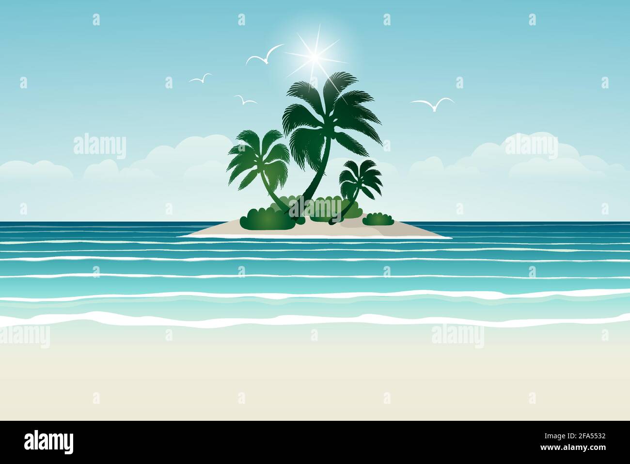 île tropicale, palmiers sur une île dans l'océan Illustration de Vecteur