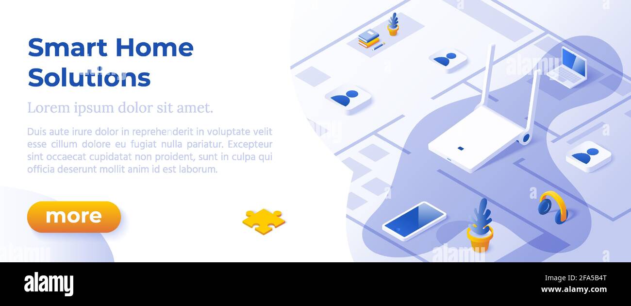 SMART HOME SOLUTIONS - Isométrique Design dans des couleurs tendance Isométrique icônes sur fond bleu. Modèle de mise en page de bannière pour le développement de sites Web. Concept Smart Home. Illustration de Vecteur