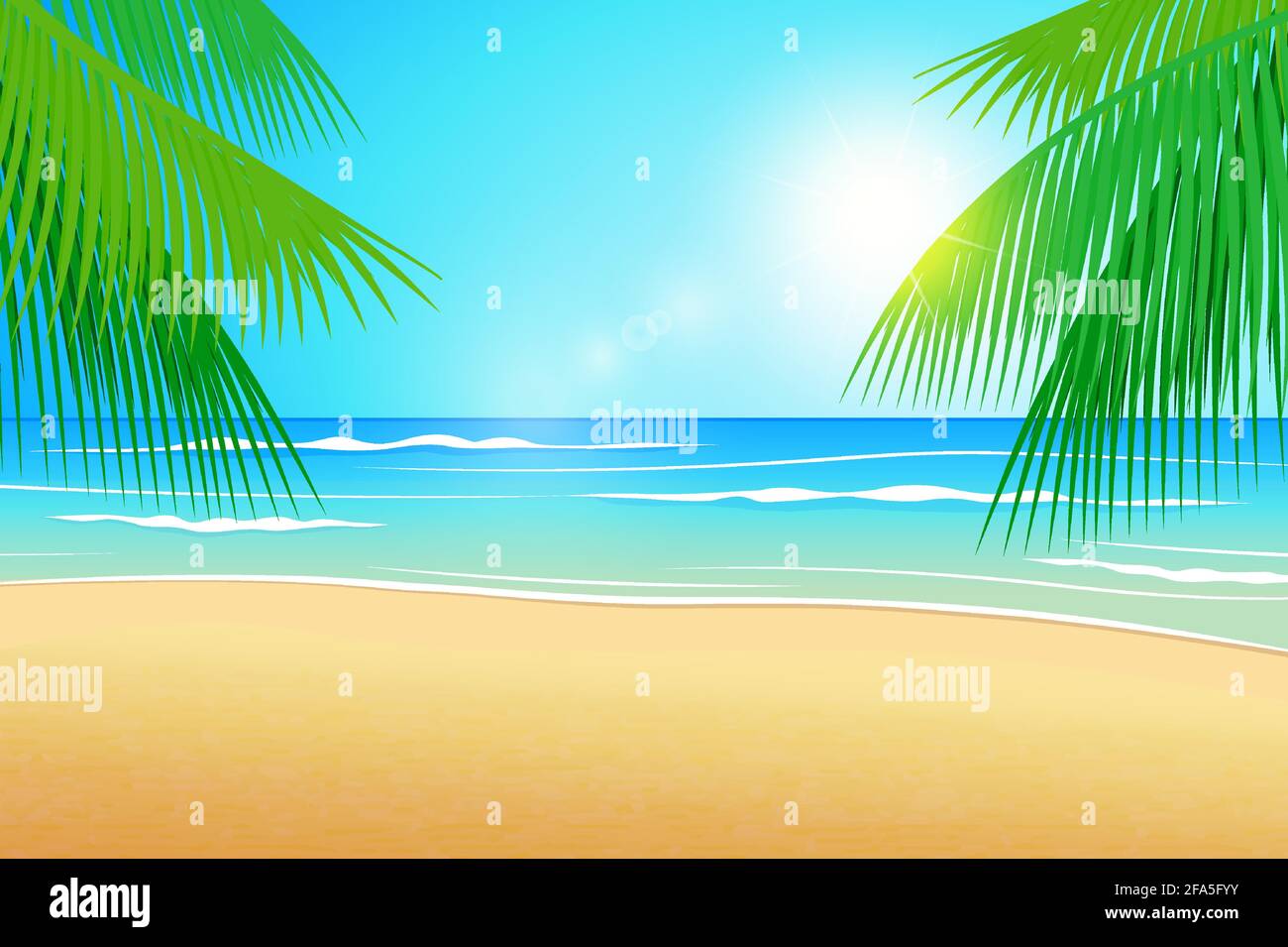 La mer en arrière-plan le sable et les cocotiers. Illustration de l'été. Illustration de Vecteur