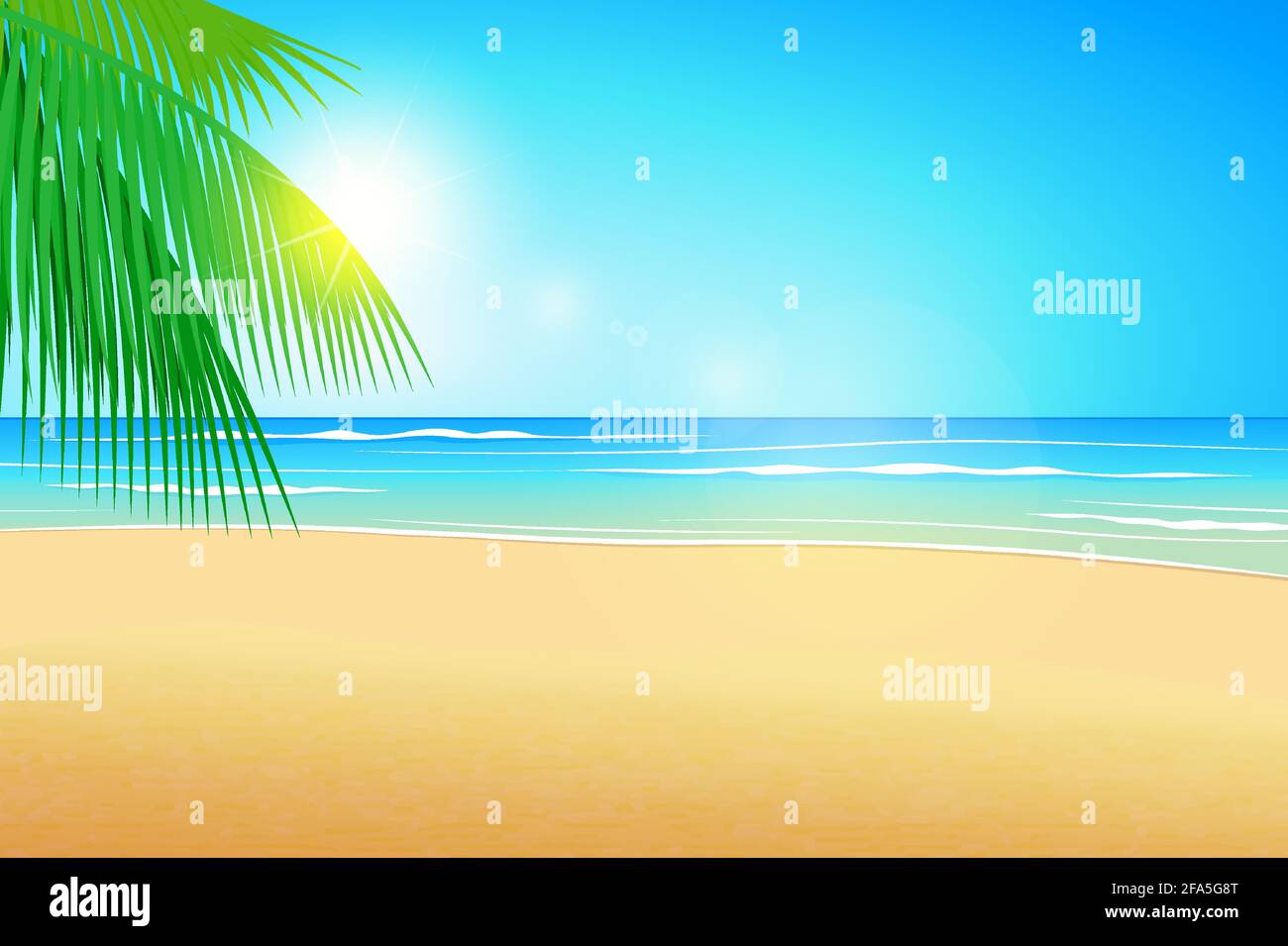 La mer en arrière-plan le sable et les cocotiers. Illustration de l'été. Illustration de Vecteur