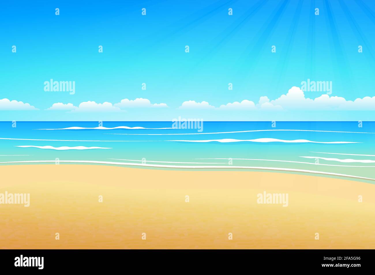 Paysage marin tropical, Illustration Plage d'été par temps nuageux. Illustration de Vecteur