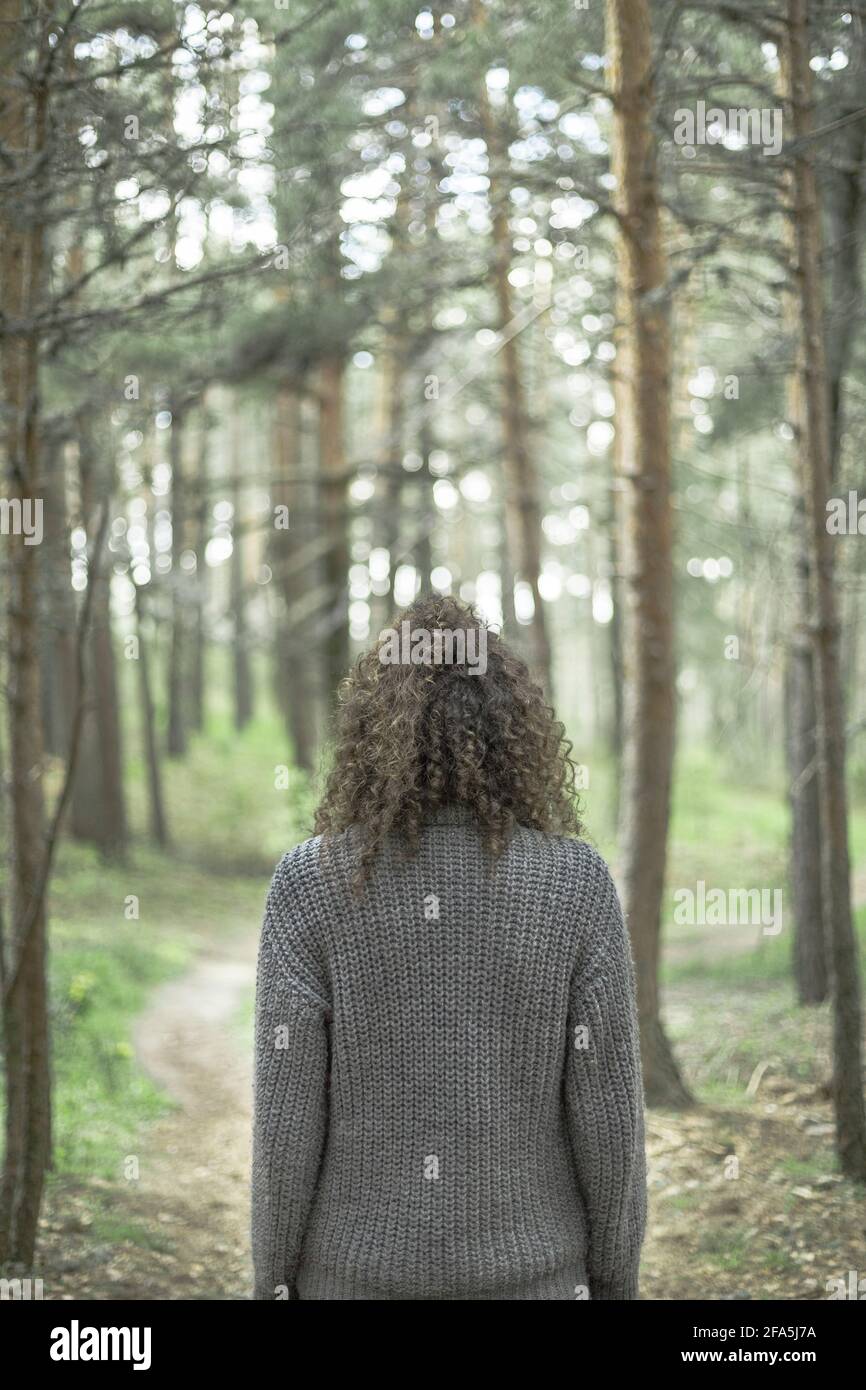 Femme de derrière se reflétant au milieu de la forêt. Méditez dans la nature, réfléchissez à la voie à suivre. Paysage dans une forêt de pins avec coucher de soleil Banque D'Images