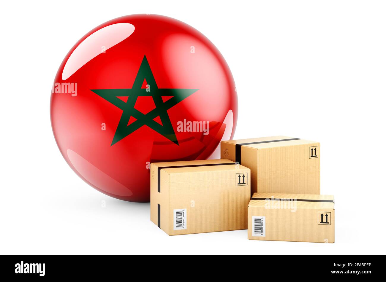 Colis avec drapeau marocain. Expédition et livraison au Maroc, concept. Rendu 3D isolé sur fond blanc Banque D'Images