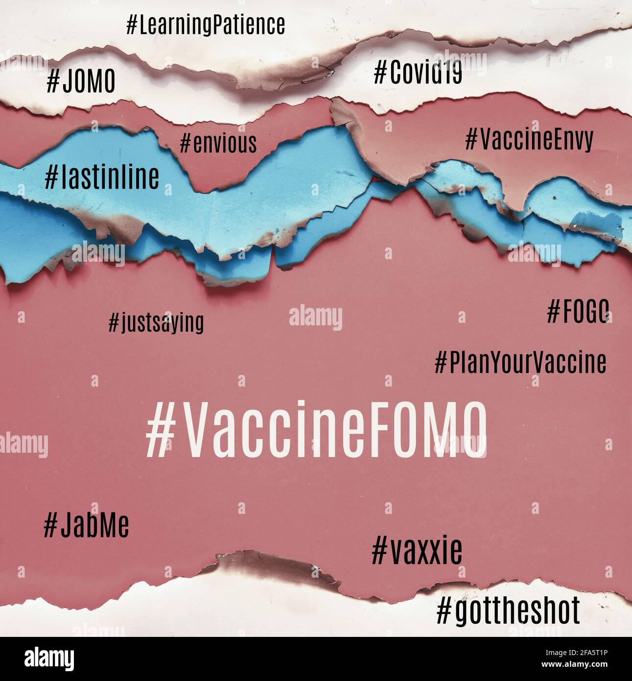 Vaccin FOMO hashtag. Peur de manquer, envie de vaccins. Incertitude durant les pandémies de Covid-19. Nuage de concepts et sentiments connexes autour. Brûlé Banque D'Images