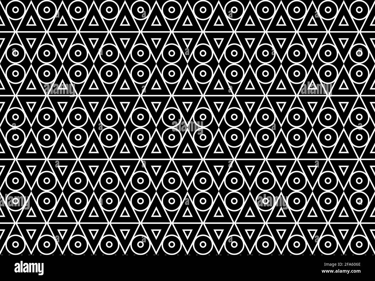 L'illustration sans couture des formes géométriques comprend deux triangles et cercles empilés avec des bordures blanches et un arrière-plan noir. Banque D'Images