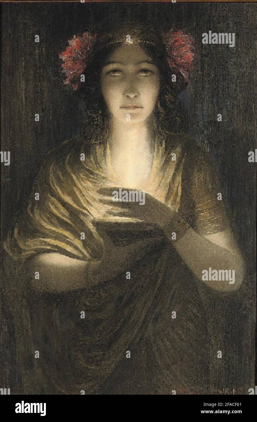L'œuvre de Louis Welden Hawkins intitulée la prêtresse. Une femme se tient en buvant un bol de lumière dans ses mains. Son visage est éclairé. Les fleurs sont dans ses cheveux. Banque D'Images