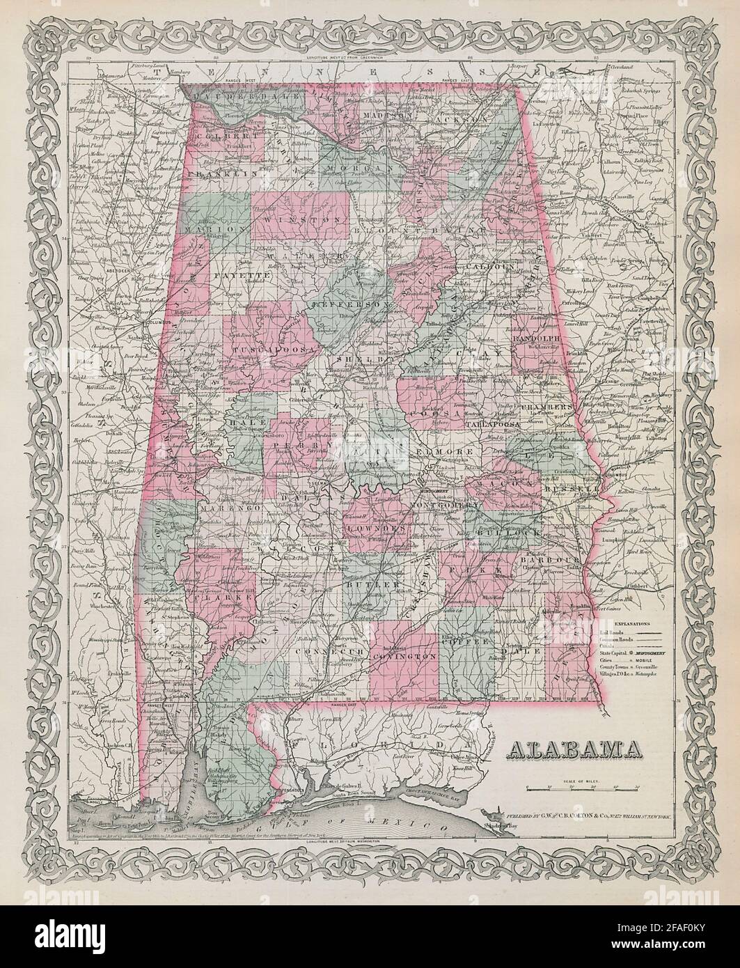 L'Alabama de Colton. Carte décorative de l'état des États-Unis antique 1869 carte ancienne Banque D'Images