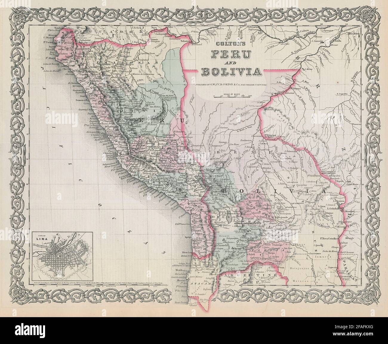 Le Pérou et la Bolivie de Colton avec la côte litorale avant la guerre de 1879. Plan de Lima 1869 carte Banque D'Images