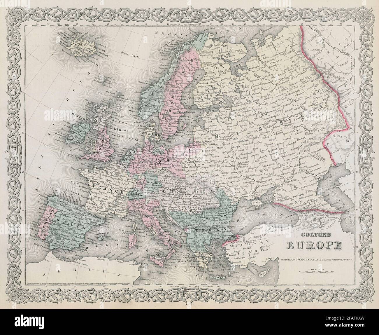 L'Europe de Colton. Carte antique décorative 1869 carte ancienne Banque D'Images