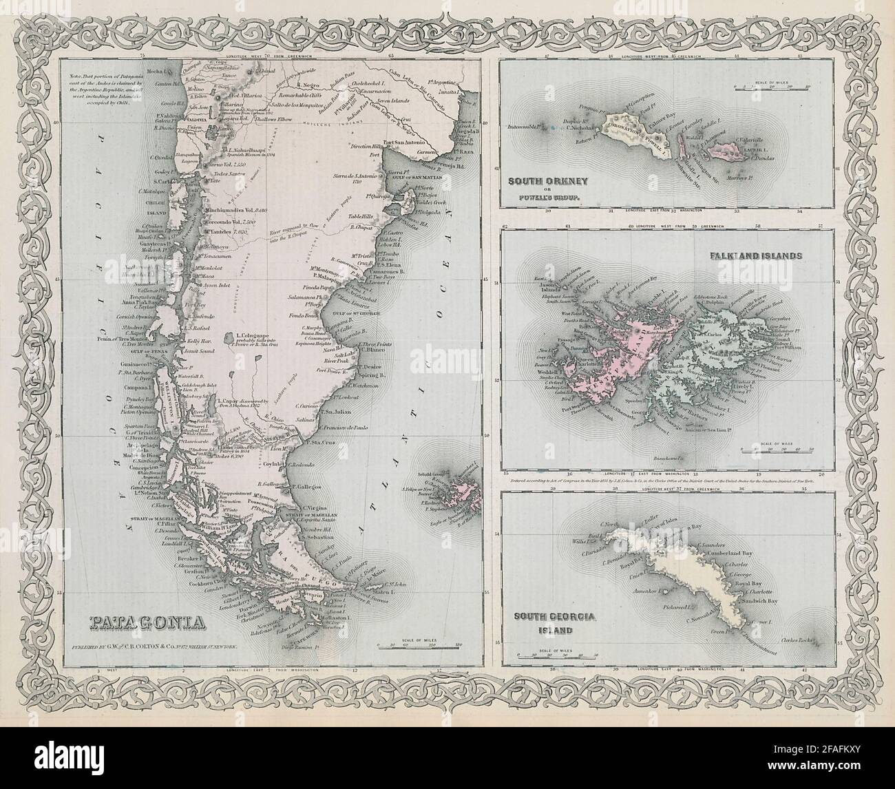 Carte Patagonia de Colton, Orcades du Sud, îles Falkland et Géorgie du Sud 1869 Banque D'Images