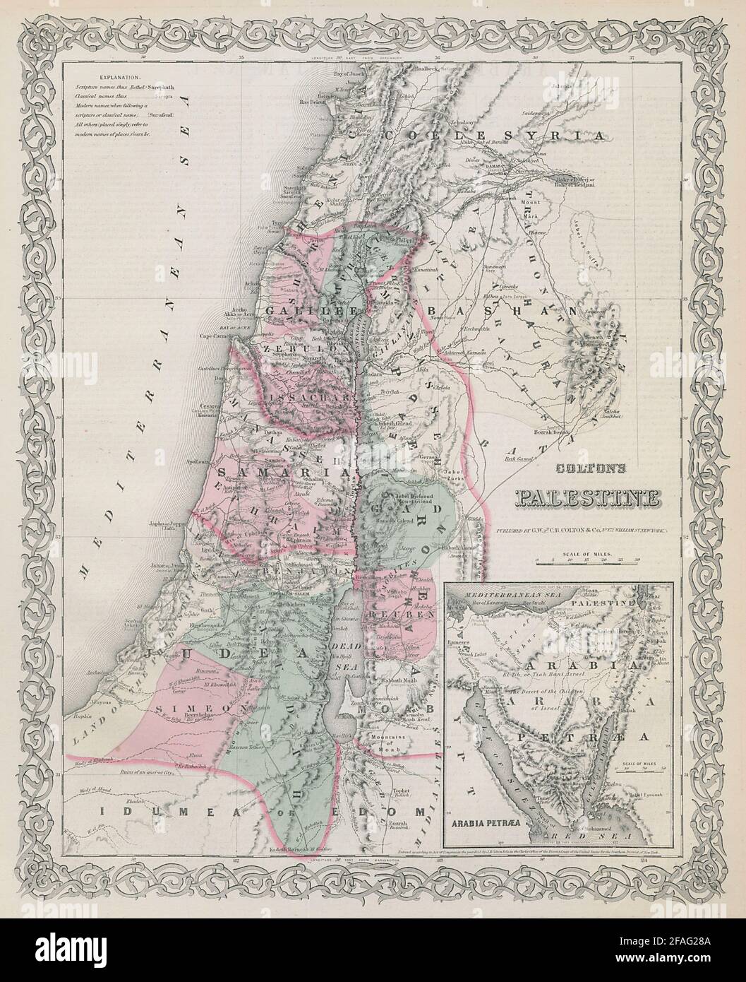 La Palestine de Colton. Israël. Noms classiques et modernes bibliques. Carte Sinai 1869 Banque D'Images