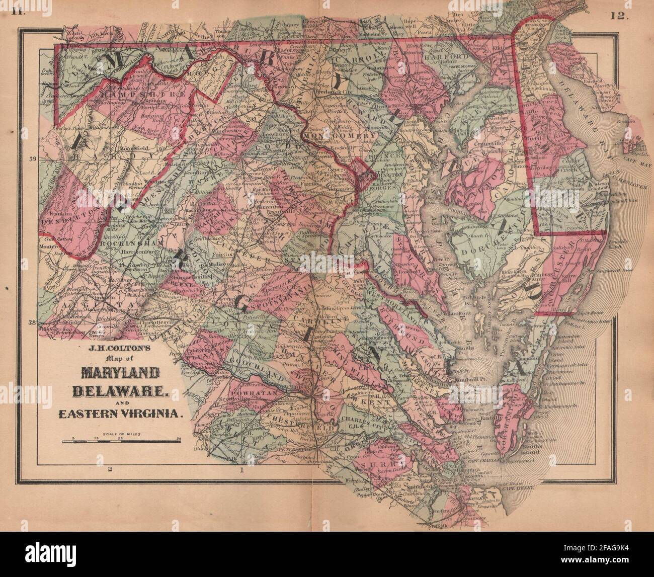 La carte de J. H. Colton du Maryland, du Delaware et de la Virginie de l'est 1864 vieux Banque D'Images