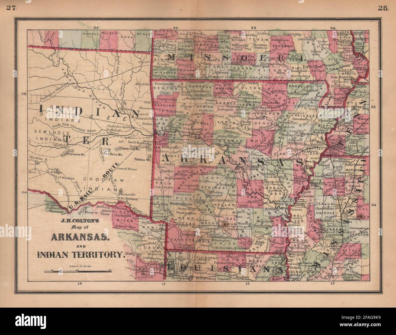 Carte de J. H. Colton de l'Arkansas et du territoire indien. Oklahoma 1864 vieux Banque D'Images